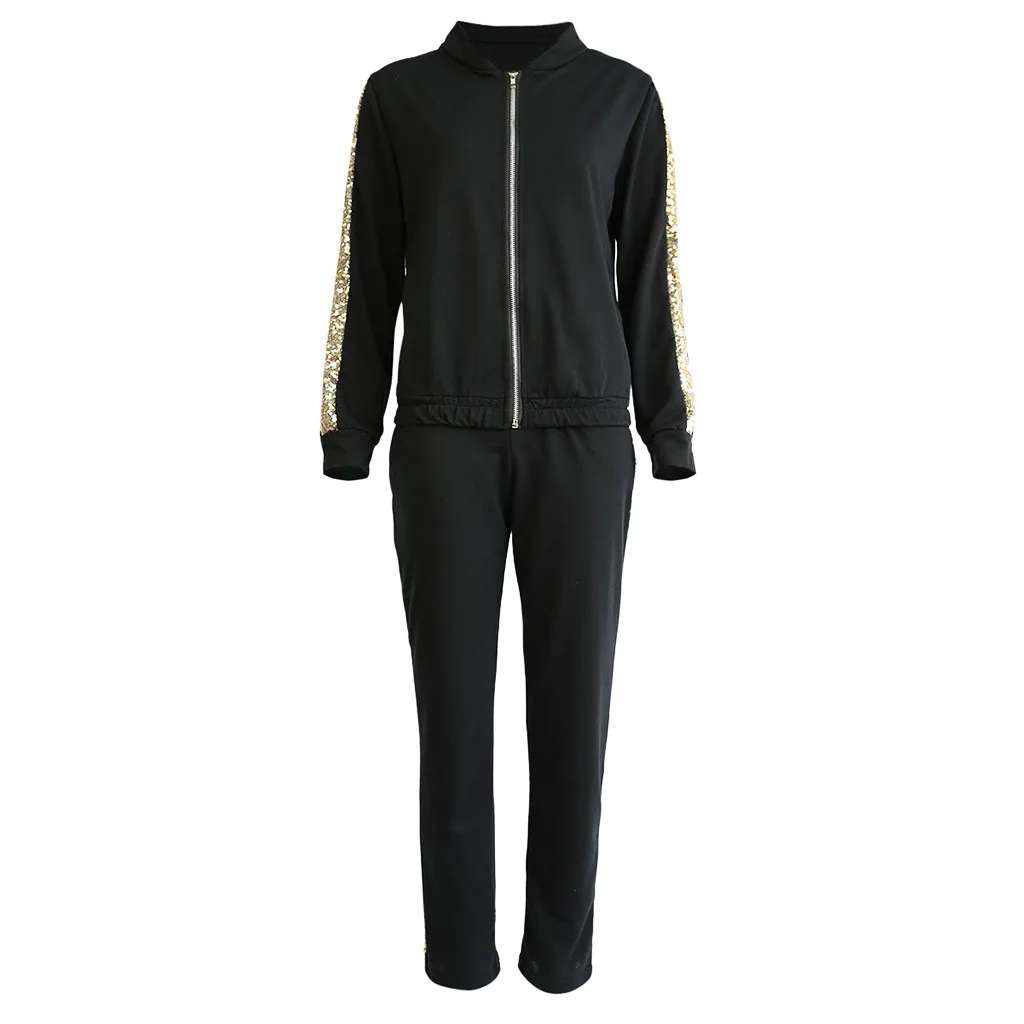 Womens Tracksuit Autumn New Fashion Casual Sequins Stitching Zipper Jacket Trousers Sports Suit Sportswear Women Tracksuit#45 - Цвет: Black