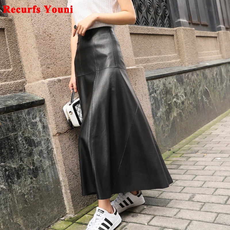 Maxi Skirt Winter Women Splendid Genuine Leather Flared Gonne Female Umbrella Large Swing Jupe Mujer 80 Long Ankle Falda Largas