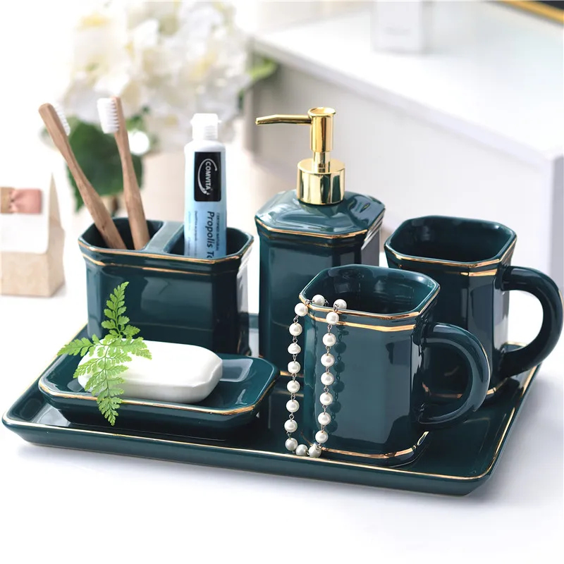 

Bathroom Accessories Set Ceramic Tooth brush Holder Soap Dish Soap Dispenser Gargle Cup Dew Container 5pcs per set Wedding gift