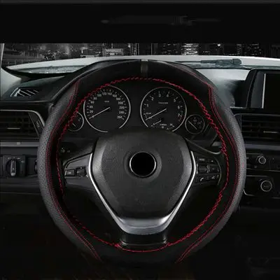 Сшитый вручную 38 см чехол рулевого колеса автомобиля DIY черная замша кожа+ микрофибра кожа Сращивание Универсальный руль чехлы - Название цвета: Black red line