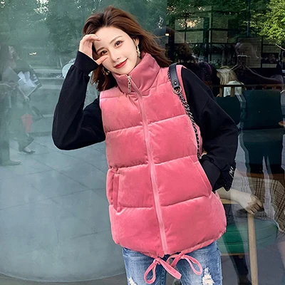 Pink Винтаж бархат со стоячим воротником жилет пальто Для женщин осень плотные, без рукавов, в повседневном стиле, пальто женские зимние утепленные жилеты пальто пикантные женские свободные - Цвет: Pink