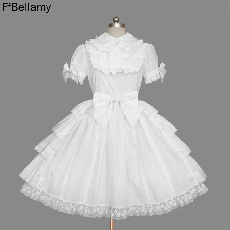 

Solid Color Cotton White Lace Cosplay Suits Bow Tie Ruffle Layer Knee Length Dress Product Details