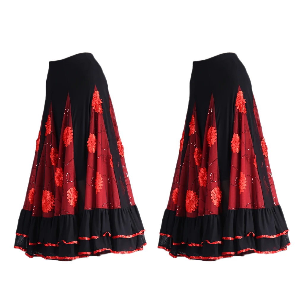 2 x Flamenco Ballroom Waltz Dance Swing Skirt Sequined Floral Party Dress Red