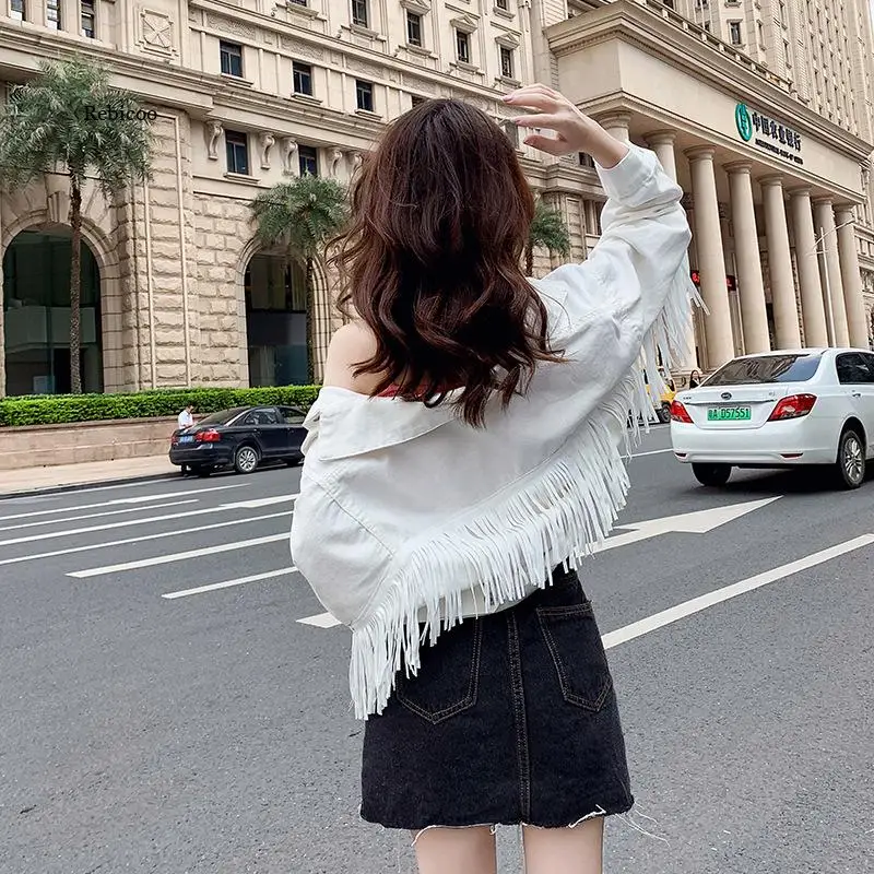 

Woman Jacket Women Denim Tassel Jackets Short Fashion Loose Female Casual Long Sleeve Button Outwear Coats White Top