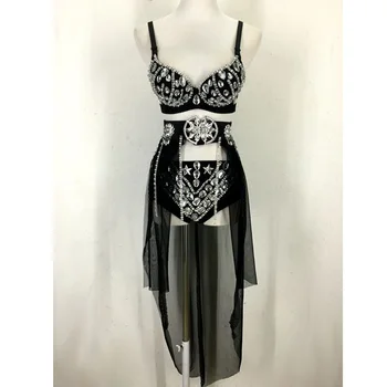 

Ladies Glitter Diamond Crystal Shining Bra Top and Shorts With Detachable Chiffon Dress Stage Dancing or Sing Costumes