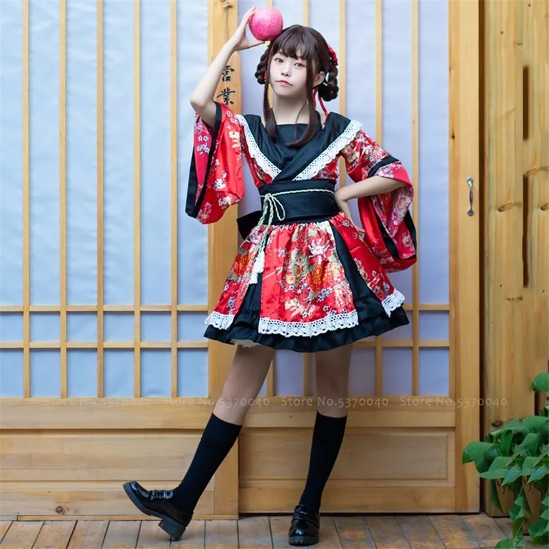 Lolita Waloli Cosplay Sakura Kimono Dres+Obi Belt+Skirt 