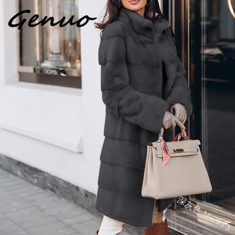 Genuo, новинка, зимнее плотное теплое пальто из искусственного меха норки, Женская Модная приталенная однотонная куртка из искусственного меха с рукавом три четверти