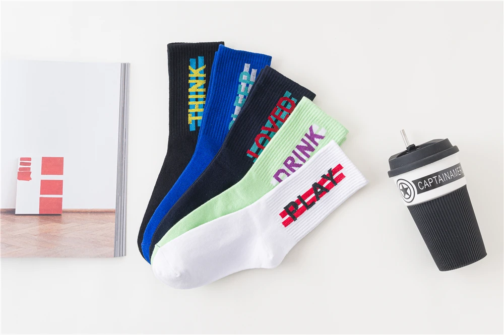 Women's Funny Words Loved Think Drink Sleep Play Lettered Striped Art Socks Couples Skateboard Hipster Street Dance Harajuku Sox