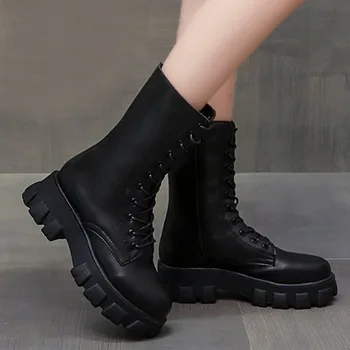 

Mid Calf Boots Women Autumn Winter 2020 New Fashion Lace-up Zipper Botas Mujer Boots Sports Platform Heel Ladies Shoes