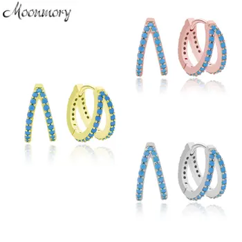

Moonmory Fashion 925 Sterling Silver CZ Full Stone Turquoise Moon Hoop Earring Colorful Double Hoop Earring For Women Jewelry