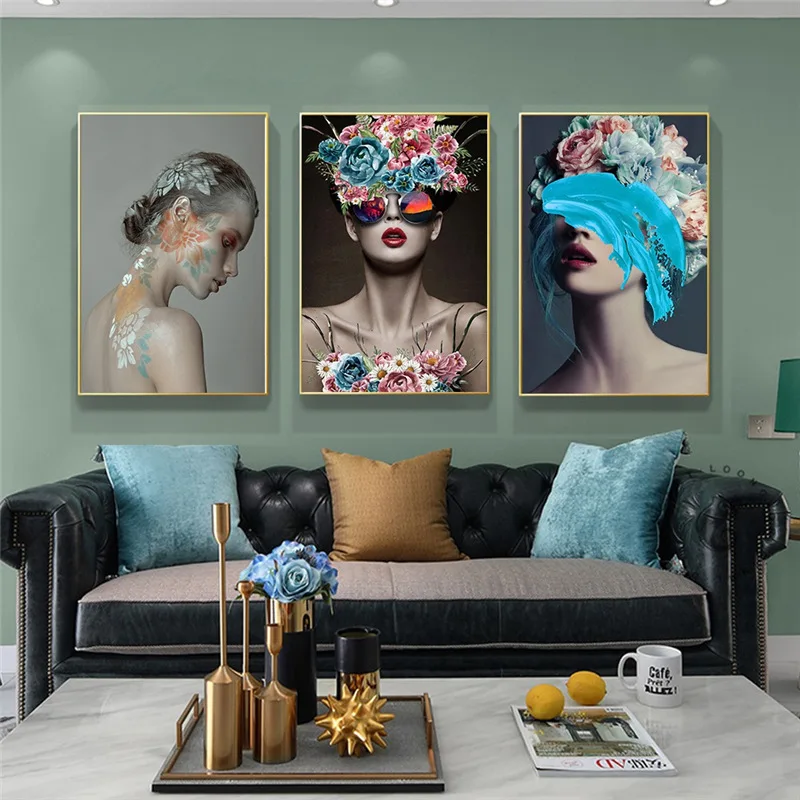 Flowers Woman Abstract Canvas Painting Fashion Nude Wall Art Print