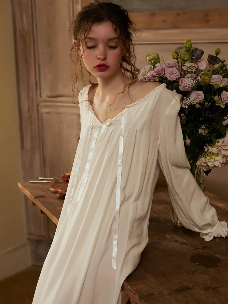 

Elegant Vintage Princess Bow Long Night Dress Plus Size Sweet White Cotton Women's Nightgowns Soft Loose Viscose Sleepshirts