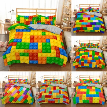 

BoNiu Toy Print Bedding Set Dot 3D Building Blocks Comforter Cover Kids Bed Cover Colorful Bricks bedding Set King Size