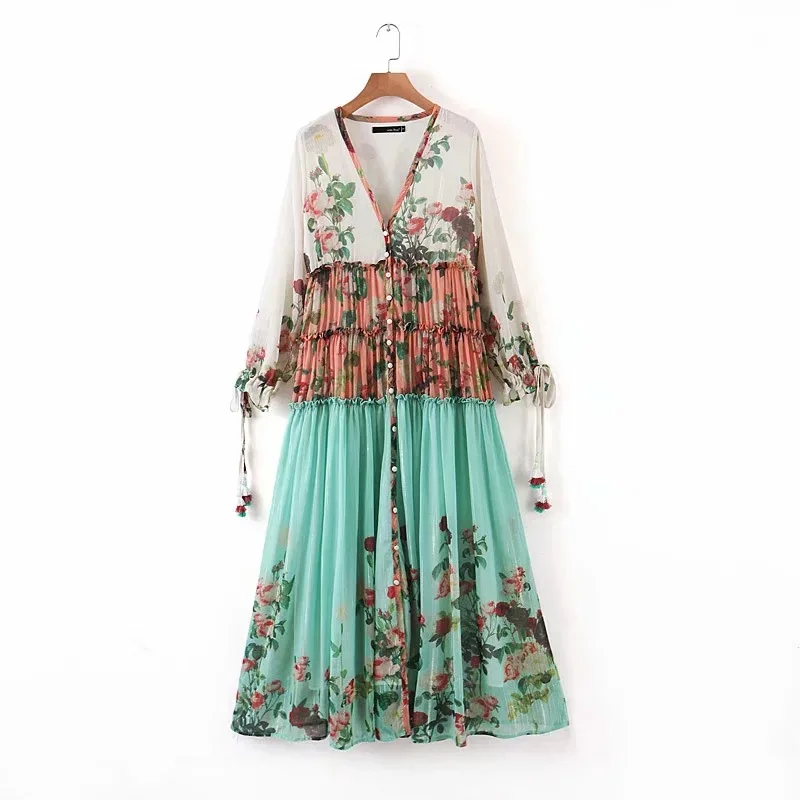 

Linj-9191 WOMEN'S Dress New Products Joint Flower Printed Tassel Dress