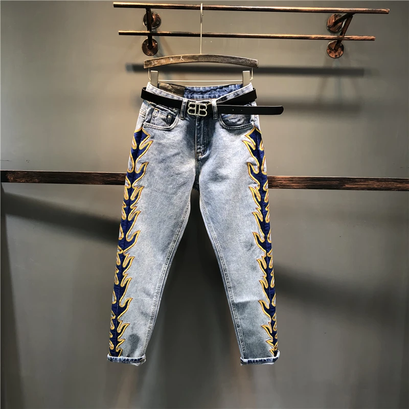 

European 2019 Spring New Personality Embroidered Side Stripe Jeans Women's Slim Pencil Pants Stretch Denim Trousers