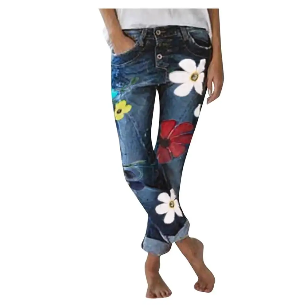 Джинсы женские осенние модные с принтом эластичные ягодицы плюс свободные повседневные джинсы рваные джинсы для женщин - Цвет: Blue