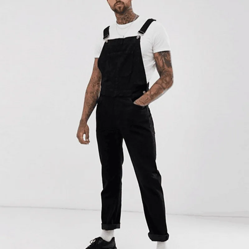 

HEFLASHOR Men Sleeveless Slim Fit Jumpsuit Ripped Jeans Hi Street Distressed Denim Bib Overalls For Man Suspender Pants