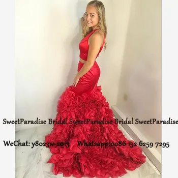 

2020 Red Organza Two Piece Prom Dresses Long Cascading Ruffles Mermaid Open Back Formal Evening Dress Vestido De Festa