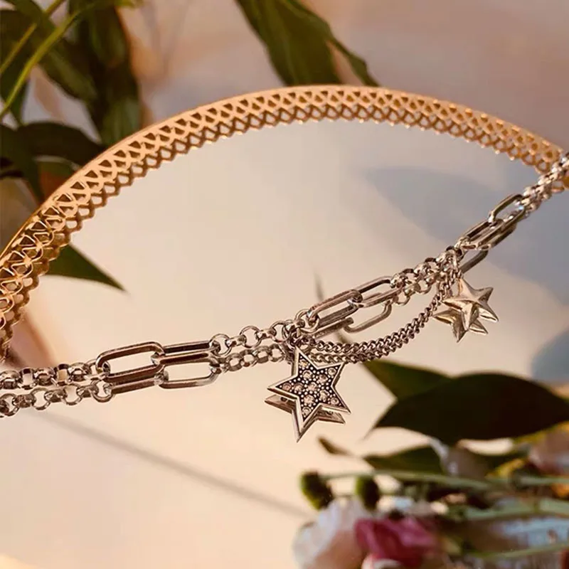 XIYANIKE 925 Sterling Silver Punk Sweater Chain Necklace for Women Vintage Trendy Stars Thai Silver Jewelry Party Accessories