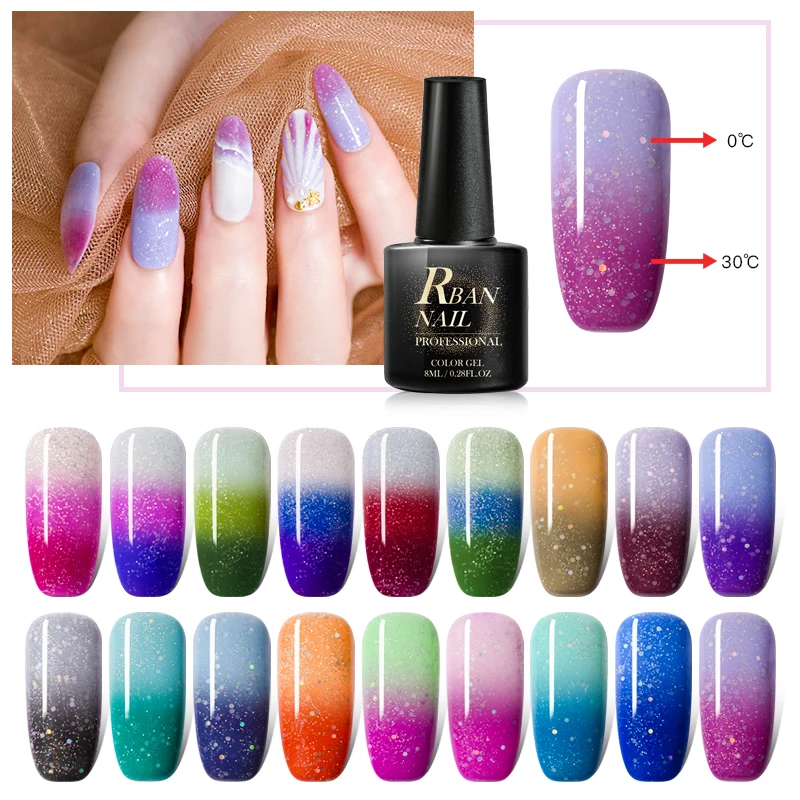 

RBAN NAIL 8ML Holographic Temperature Color Changing Gel Nail Polish Shiny Rainbow Thermal Glitter Soak Off UV Gel Varnish