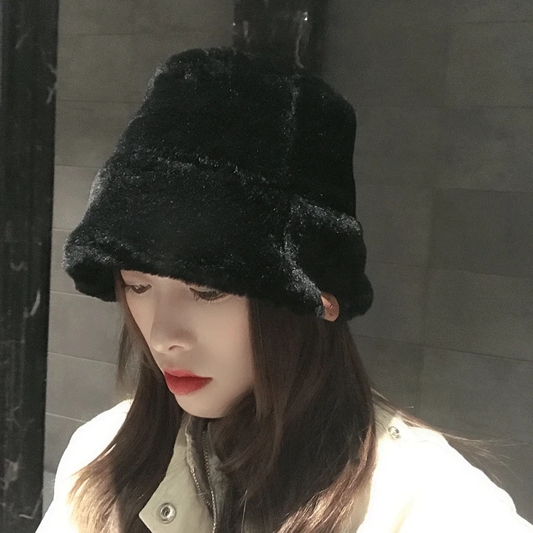 

Korean-style New Style Autumn And Winter Flat Roof Plush Bucket Hat Women's Solid Color Thick Warm Bucket Hat Japanese-style Ver