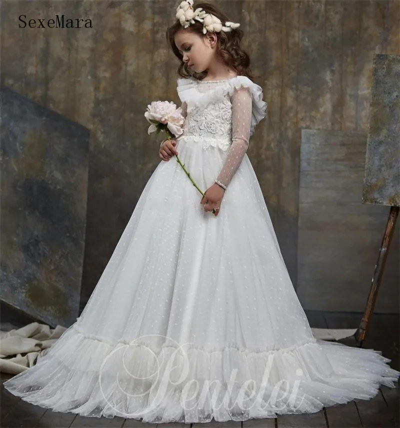 Богемные платья белого цвета и цвета слоновой кости с цветочным узором для девочек на свадьбу, с вырезом лодочкой, с бусинами, с длинными рукавами, детская одежда, праздничные платья