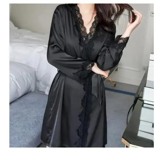 Women's Satin Silk Woman Lace Robe Female Lace Bathrobe Womens Robes Sleepwear Ladies Sexy Robe For Women
