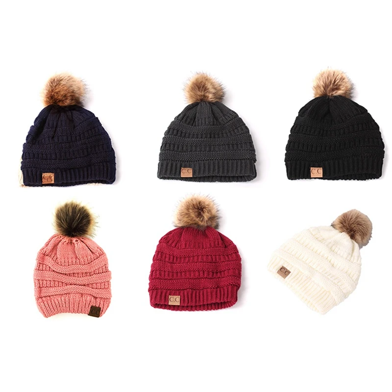 Милая зимняя вязаная шапочка для мамы и ребенка, шапки для девочек и мальчиков, меховые Шишечки, бини с помпоном