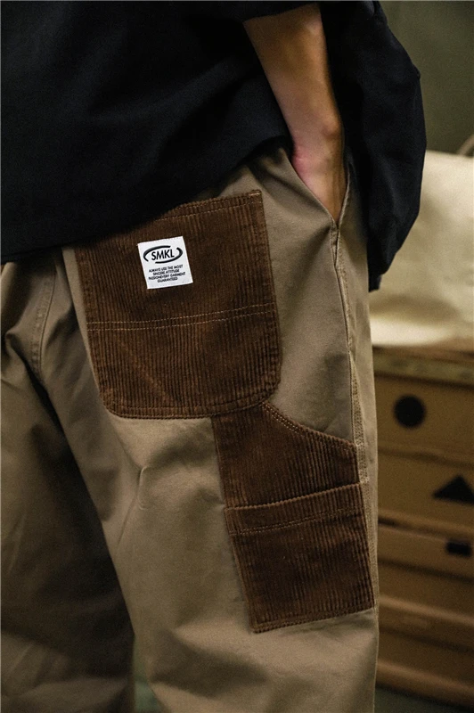 veludo contraste ponto calças dos homens streetwear solto calças casuais