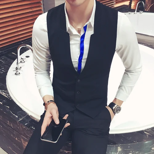 Черный Брендовая одежда Весенняя мода для мужчин slim fit Жилет для делового костюма/мужской Высококачественный чистый хлопок досуг Ma3 jia3 размер S-5XL - Цвет: Черный