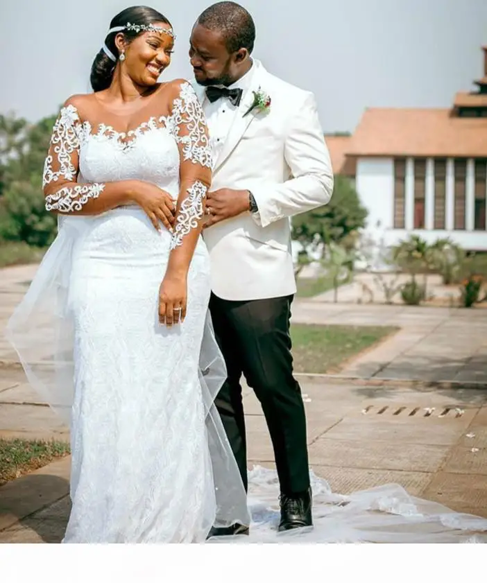 

Plus Size Arabic Lace Mermaid Sexy Wedding Dresses Sheer Neck Bridal Dresses Long Sleeves Wedding Gowns 2021