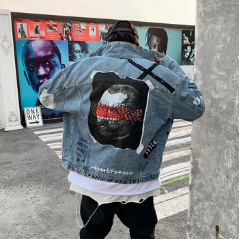 

Mens Head Print Graffiti Jeans Jacket Harajuku Washed Retro Denim Jacket for Men Streetwear Oversize Windbreaker Bomber Jackets