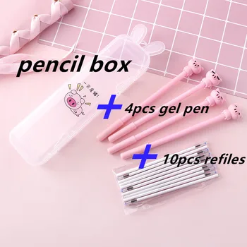 

4pcs Gel Pen+10pcs Refile +1 Pencil Box Cut Pig Kawaii School Supplies Rabbit Ears Kid's Gift Transparent Pen Box Stationery Set