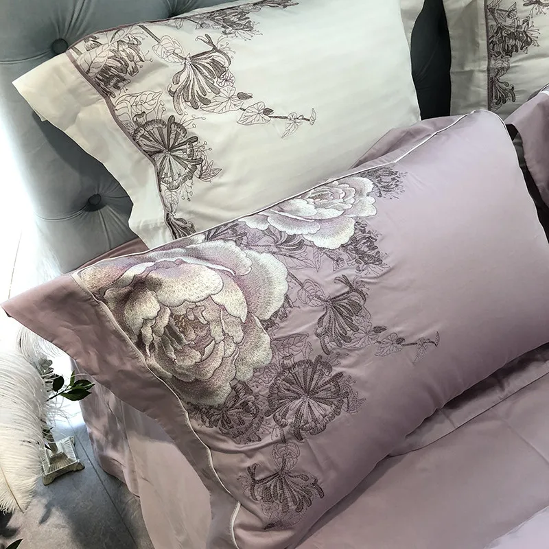 Потертый цветочной вышивкой Бледно-розовый комплект постельных принадлежностей из египетского хлопка queen King size 4/7 шт.: пододеяльник, простынь, наволочка
