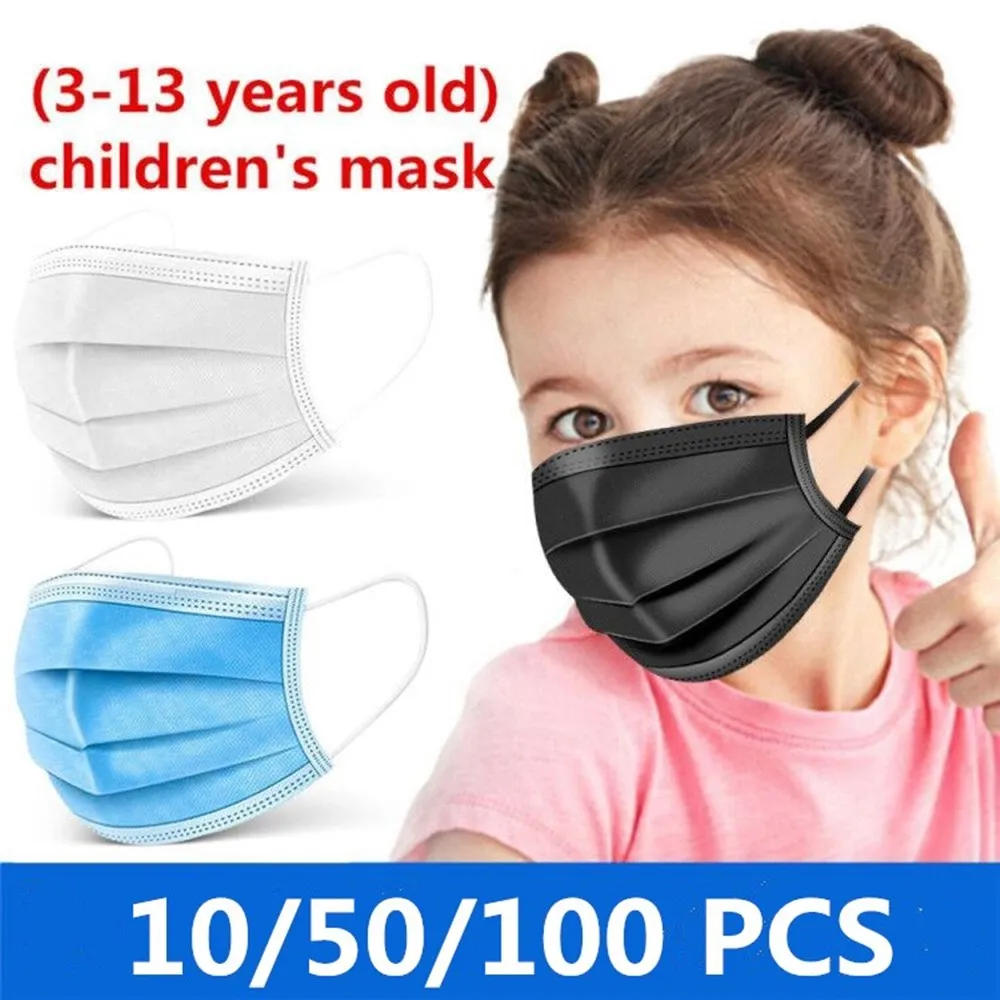 Mascarilla desechable de 3 capas para niños, máscara higiénica gruesa con filtro, para las orejas con elásticos, 10 Uds./50 Uds./100 Uds.