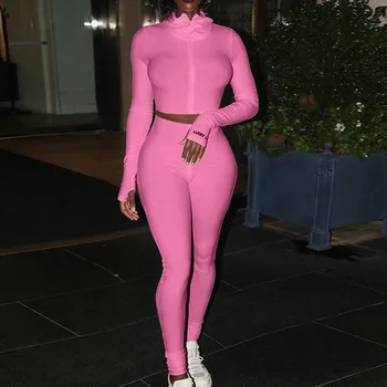 

Sexy Tracksuit Women Two Piece Set New Zippr Up Short-length Top Skinny Sweatpants Suit Solid Color Tracksuit Fitness Outfit Set