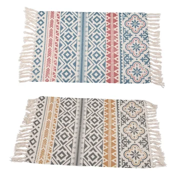 

Retro Bohemian Hand Woven Cotton Carpet Tassel Bedside Rug Geometric Floor Mat Living Room Bedroom Home Decoration