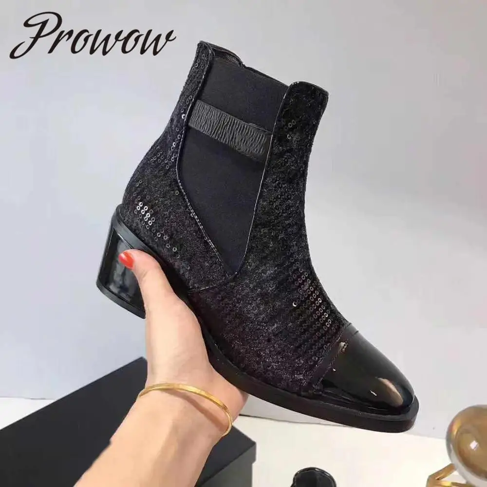 

Prowow Genuine Leather Black Wooden Heel Thick Heel Ankle Boots Round Toe Slip On Autumn Winter Boots Shoes Women
