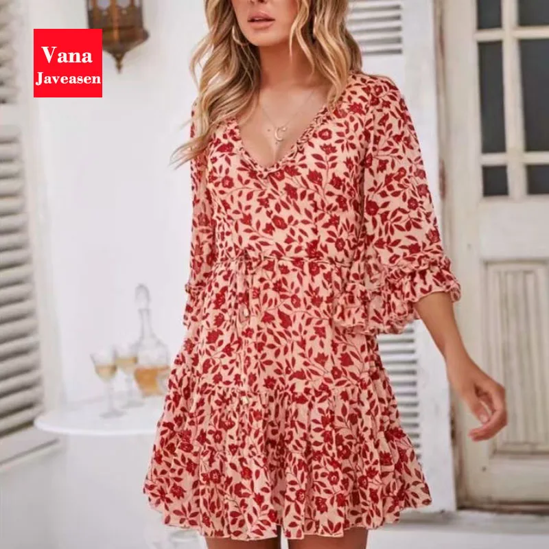 Vana Javeasen Boho женское платье с коротким рукавом, летнее платье с v-образным вырезом и рюшами, а-силуэт, женские платья, Бандажное пляжное платье с открытой спиной