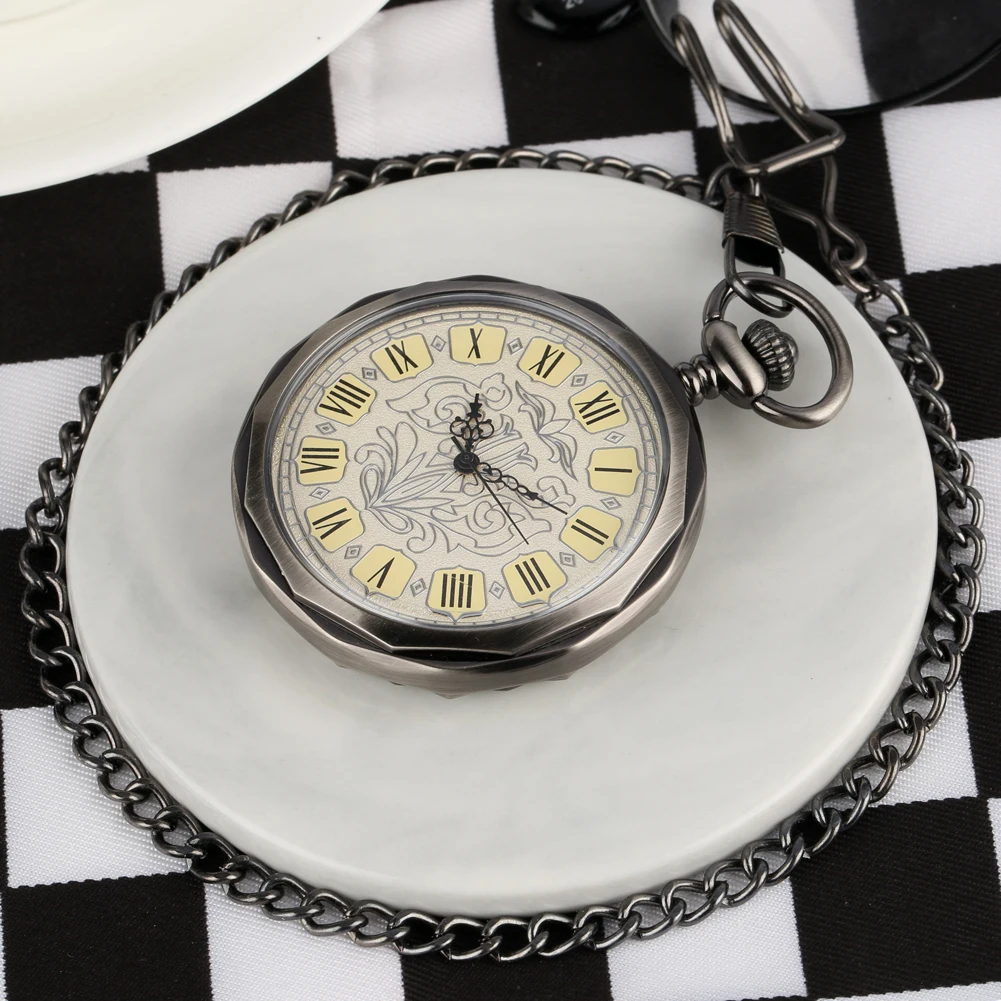 Retro Skeleton Mechanical Pocket Watch Men Women Flower Pattern Roman Number Clock Steampunk FOB Chain Hand Wind Pendant Watch