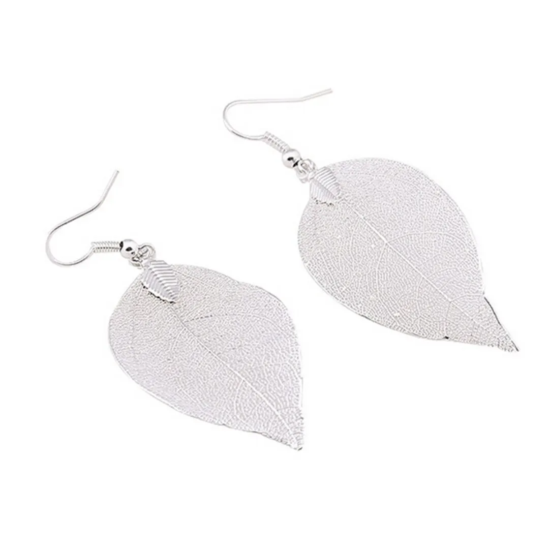 Vintage Leaves Earrings Necklaces Shellhard Long Natural Real Dipped Leaf Leaves Dangle Earring Ethic Women Jewelry 4Colors