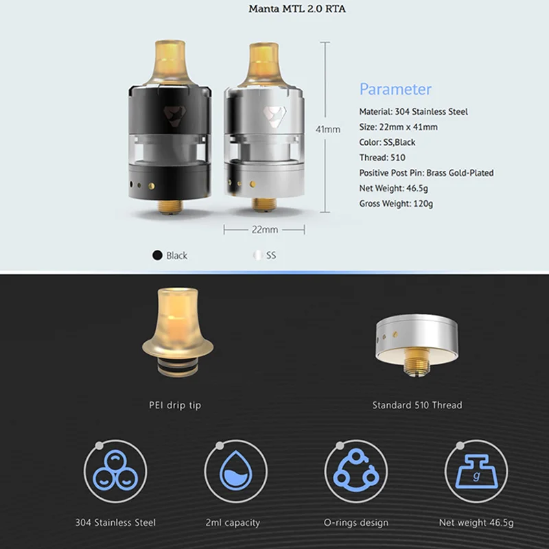 Advken Manta V2 MTL 22MM RTA 2ml capacity Rebuildable Tank PEI Drip Tip Vaporizer vape Atomizer Fit