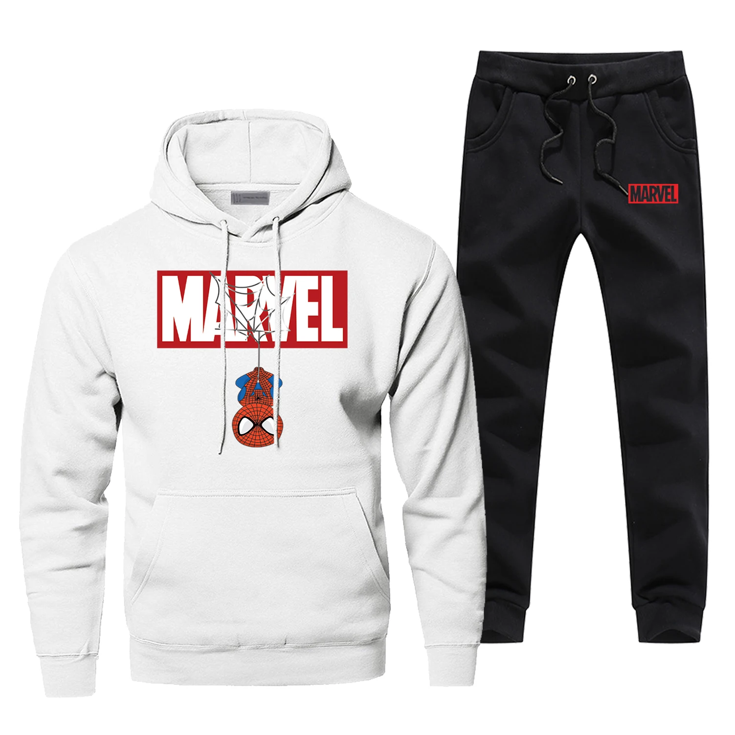 Человек-паук, толстовки с капюшоном, брюки, набор для мужчин, Marvel, толстовка с капюшоном, мужские худи супергерой, Pollover, 2 шт., уличная одежда, мужские забавные толстовки - Цвет: White