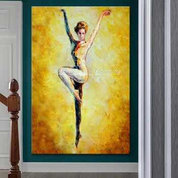 

Hand Made White Dress Ballet Girl And Yellow Background Canvas Oil Paintings Pop Art Villa Hotel Room Corridor Murals Wall Decor
