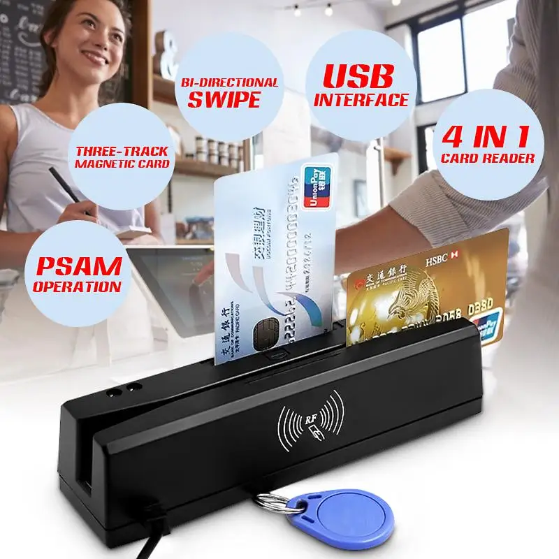 

Hot ZCS160 4 in 1Black 8K Magnetic Stripe Credit Card EMV IC Chip RFID PSAM Reader Writer 2-in-1Multi-Function Card Reader