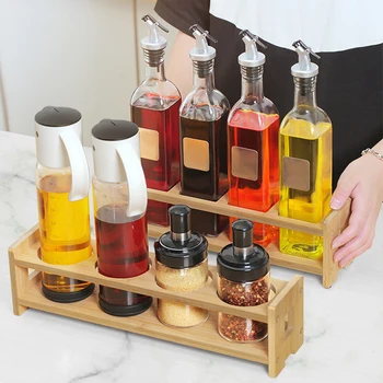 

Kitchen Oil Bottle Seasoning Bottle Bamboo Wood Shelf, The Bottle Is Placed Neatly on The Stand Suitable for 5-7cm Diameter