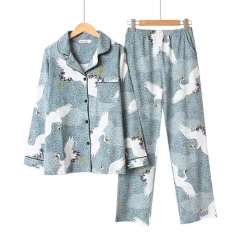 

Women Cotton Pyjama Set Long Sleeve Crane Printing Pajama Set Sweet Loose Spring Two-piece Pijama Mujer Loungewear Home Clothes
