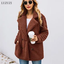 LUZUZI autumn winter double-breasted women's fur coat turndown-collar loose plush coat women teddy jacket sheepskin coat