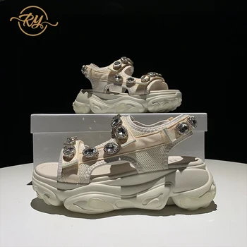 

RY-RELAA sandals women fashion flat sandals Summer new Genuine Leather Rhinestone womens shoes heels ins gladiator sandals women