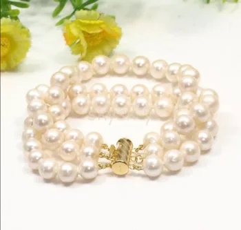 

New 3 ROW 9-10MM JAPANESE AKOYA WHITE PEARL BRACELET MARKED 7.5"AAA